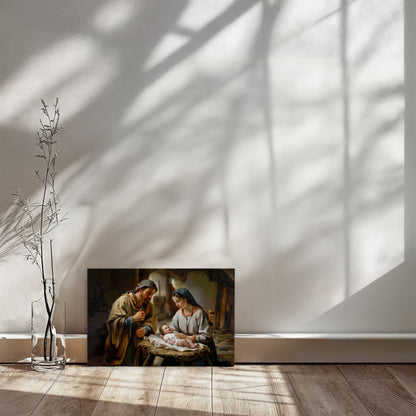 The Nativity scene of Baby Jesus, Mary and Joseph in a stable - Christian Art Canvas