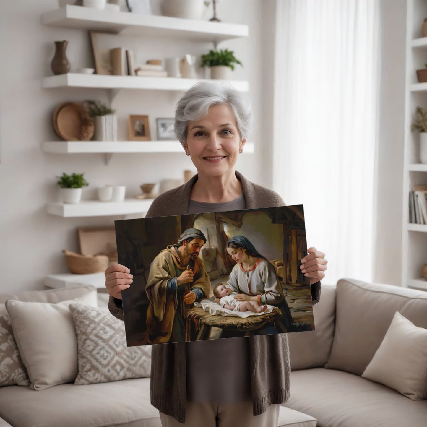 The Nativity scene of Baby Jesus, Mary and Joseph in a stable - Christian Art Canvas