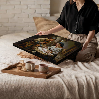 The Nativity scene of Baby Jesus, Mary and Joseph in a stable - Christian Art Canvas