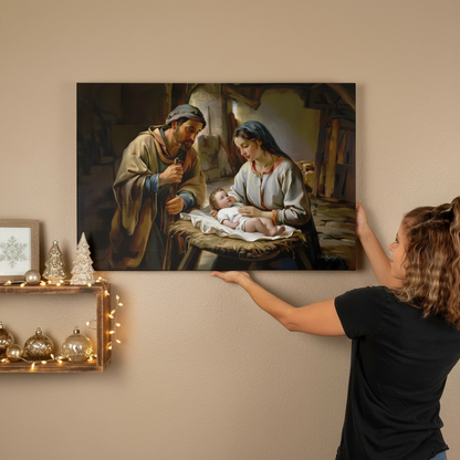 Woman adjusting a painting of the Nativity scene on a wall.