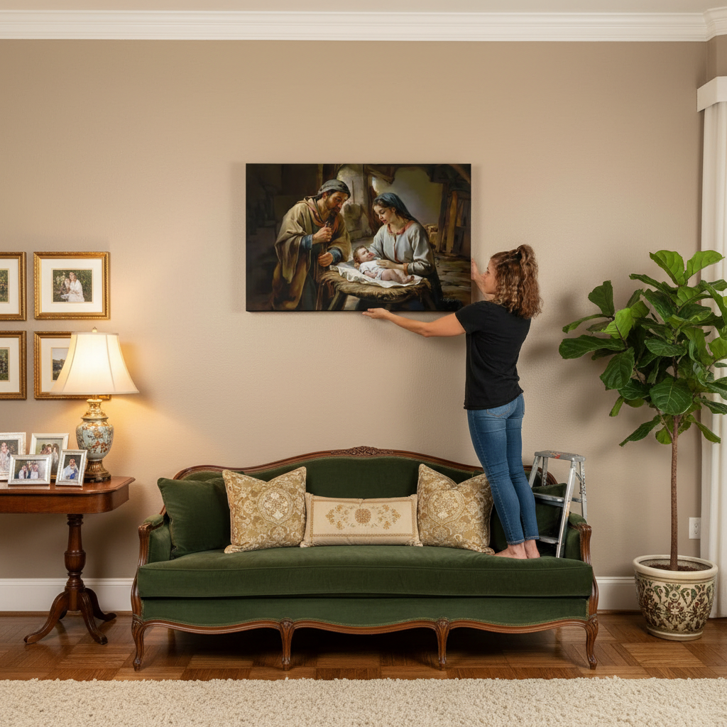 Woman hanging a painting of the Nativity scene in a living room.