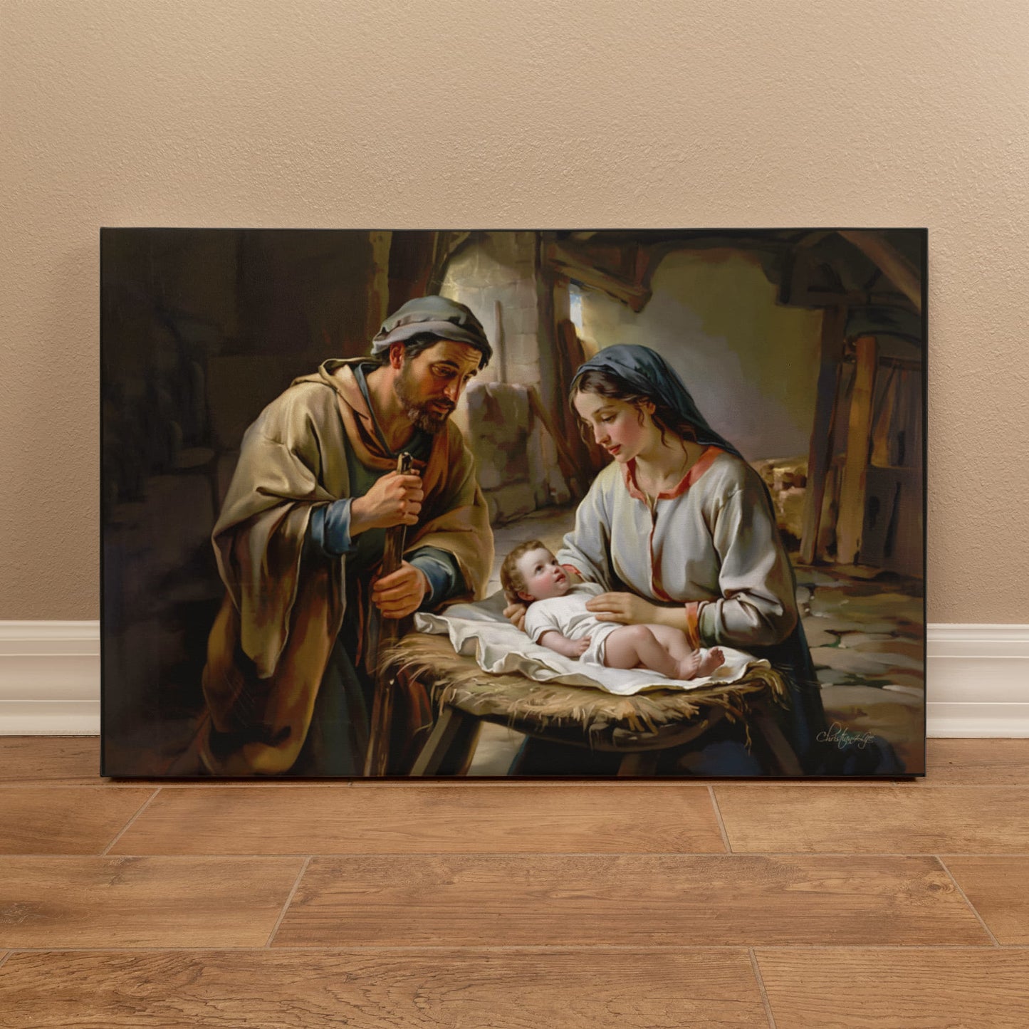 The Nativity scene of Baby Jesus, Mary and Joseph in a stable - Christian Art Canvas