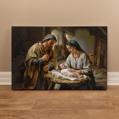 The Nativity scene of Baby Jesus, Mary and Joseph in a stable - Christian Art Canvas
