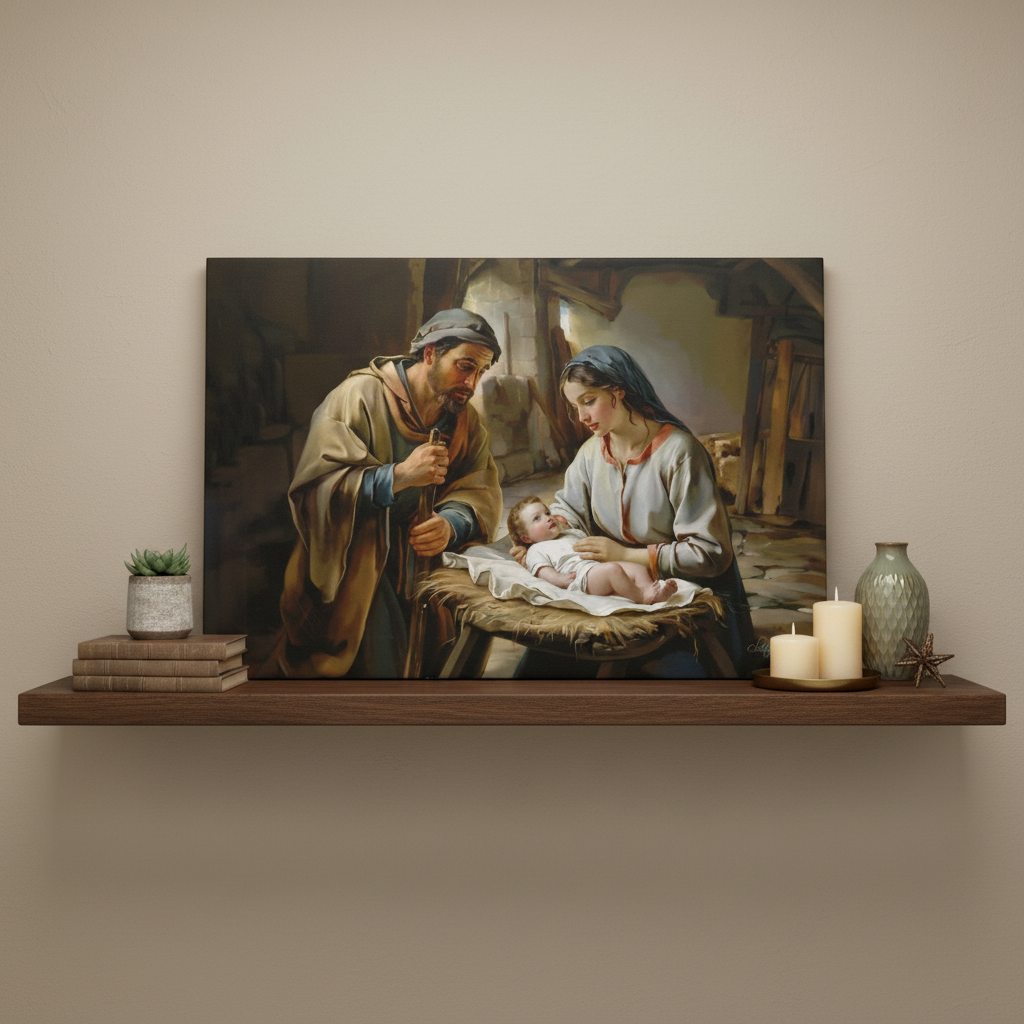 Painting of a nativity scene on a wall shelf with candles and books.