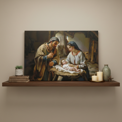 Painting of a nativity scene on a wall shelf with candles and books.