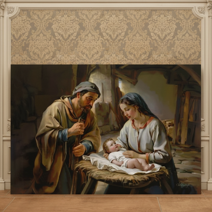 Painting of baby Jesus, Mary and Joseph in a rustic setting, framed in an ornate manner.
