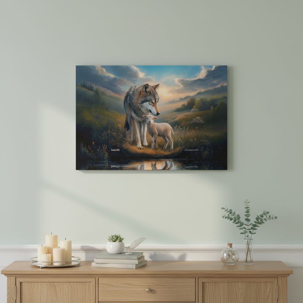Wolf and Lamb Reflection, Christian Wall Art, Gallery Wrapped Canvas, Isaiah 11:6