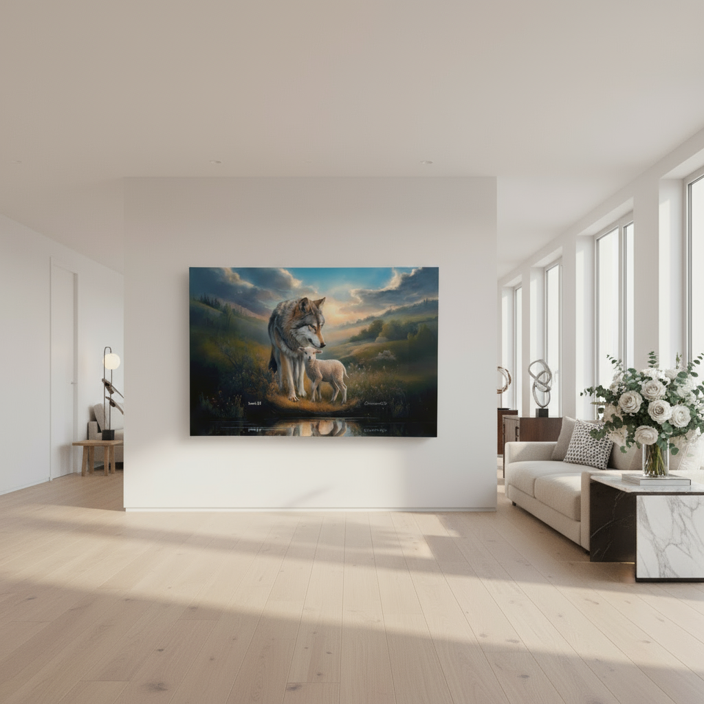 Wolf and Lamb Reflection, Christian Wall Art, Gallery Wrapped Canvas, Isaiah 11:6