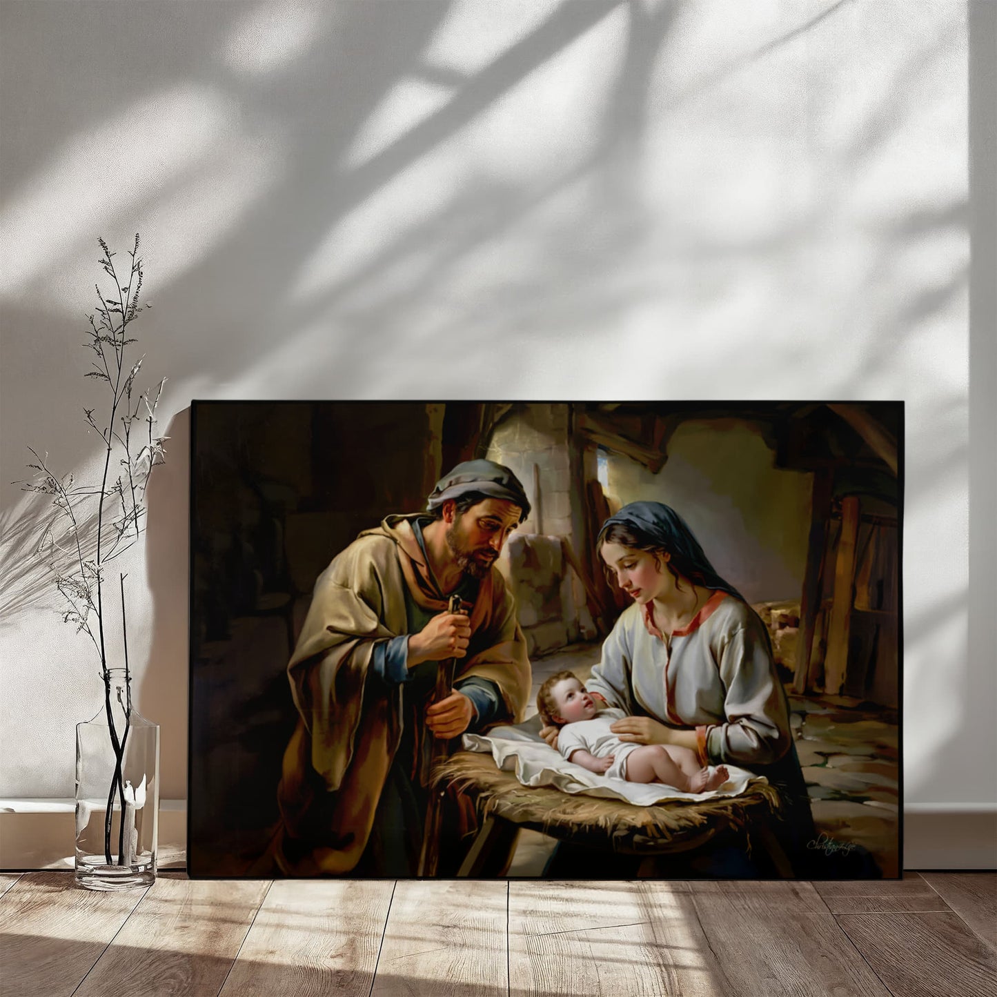The Nativity scene of Baby Jesus, Mary and Joseph in a stable - Christian Art Canvas