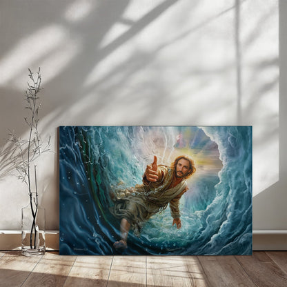 Jesus Reaches Down to Rescue and Lift You Out of the Water - Christian Gallery Wrapped Canvas Wall Art Print