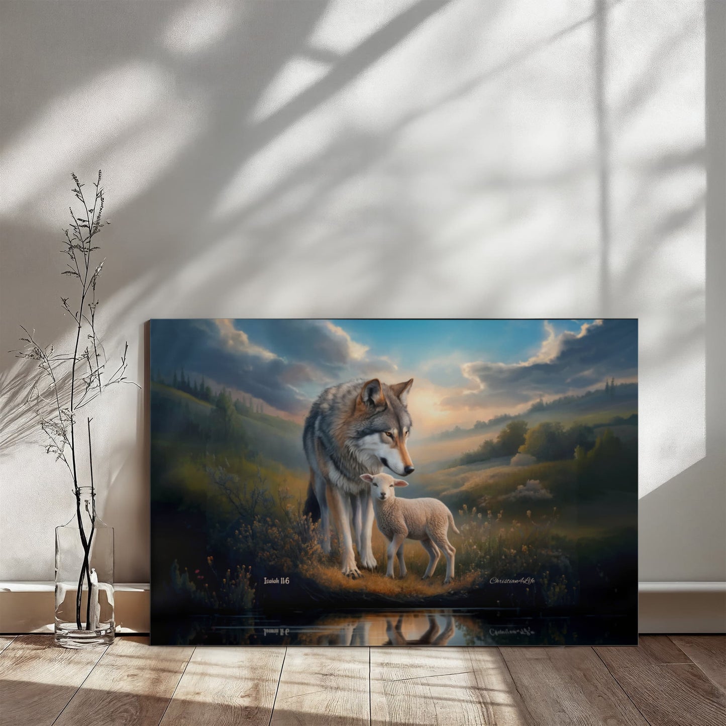 Wolf and Lamb Reflection, Christian Wall Art, Gallery Wrapped Canvas, Isaiah 11:6