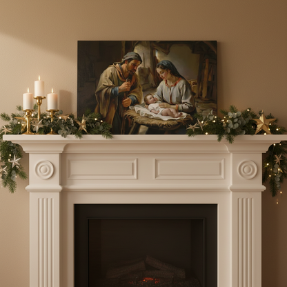 Nativity scene painting above a fireplace with Christmas decorations.