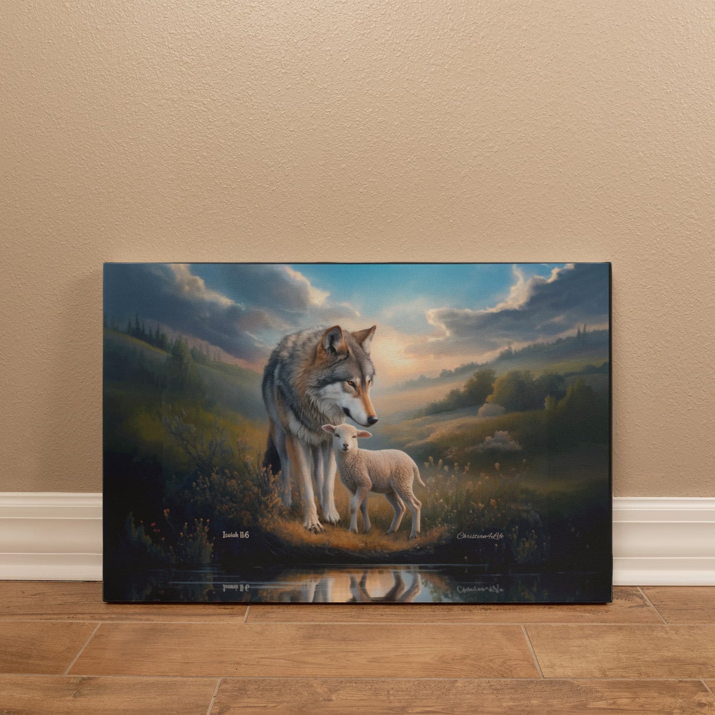 Wolf and Lamb Reflection, Christian Wall Art, Gallery Wrapped Canvas, Isaiah 11:6