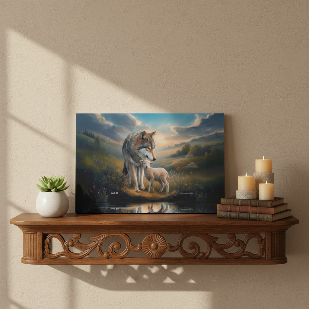 Wolf and Lamb Reflection, Christian Wall Art, Gallery Wrapped Canvas, Isaiah 11:6