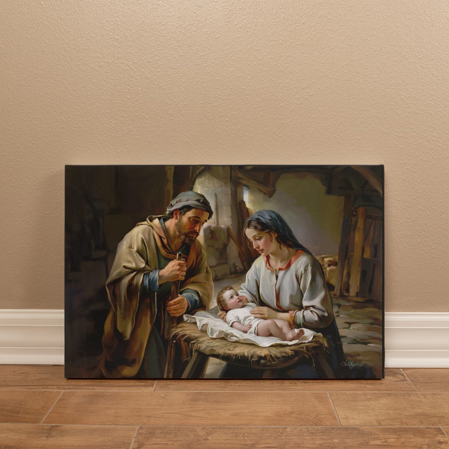 The Nativity scene of Baby Jesus, Mary and Joseph in a stable - Christian Art Canvas