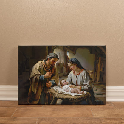 The Nativity scene of Baby Jesus, Mary and Joseph in a stable - Christian Art Canvas