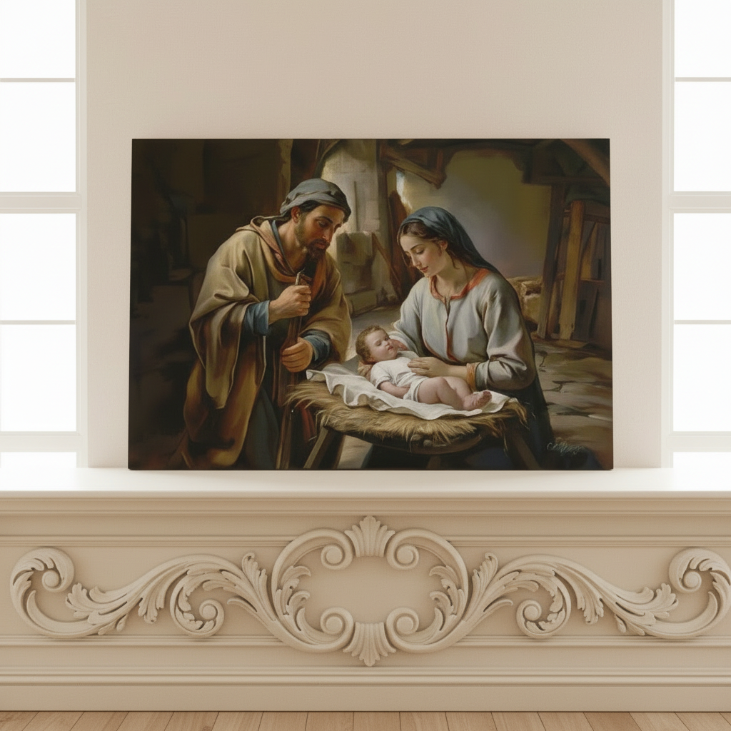 Painting of a religious scene with Joseph and Mary figures and Baby Jesus on a wooden shelf.