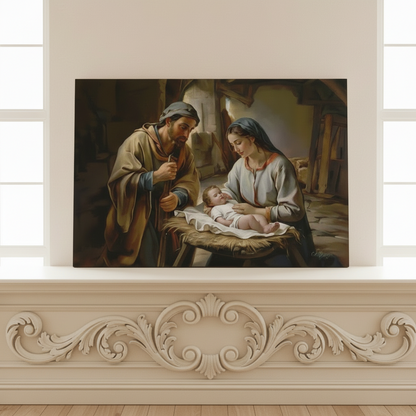 Painting of a religious scene with Joseph and Mary figures and Baby Jesus on a wooden shelf.