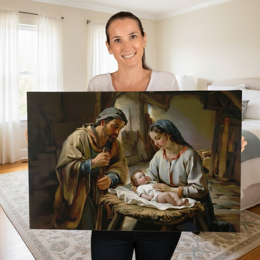 Woman holding a painting of a nativity scene in a room with white curtains.