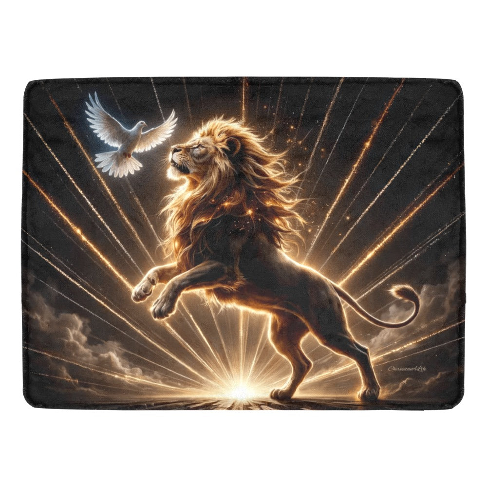 Lion and dove blanket with radiant light on a dark background