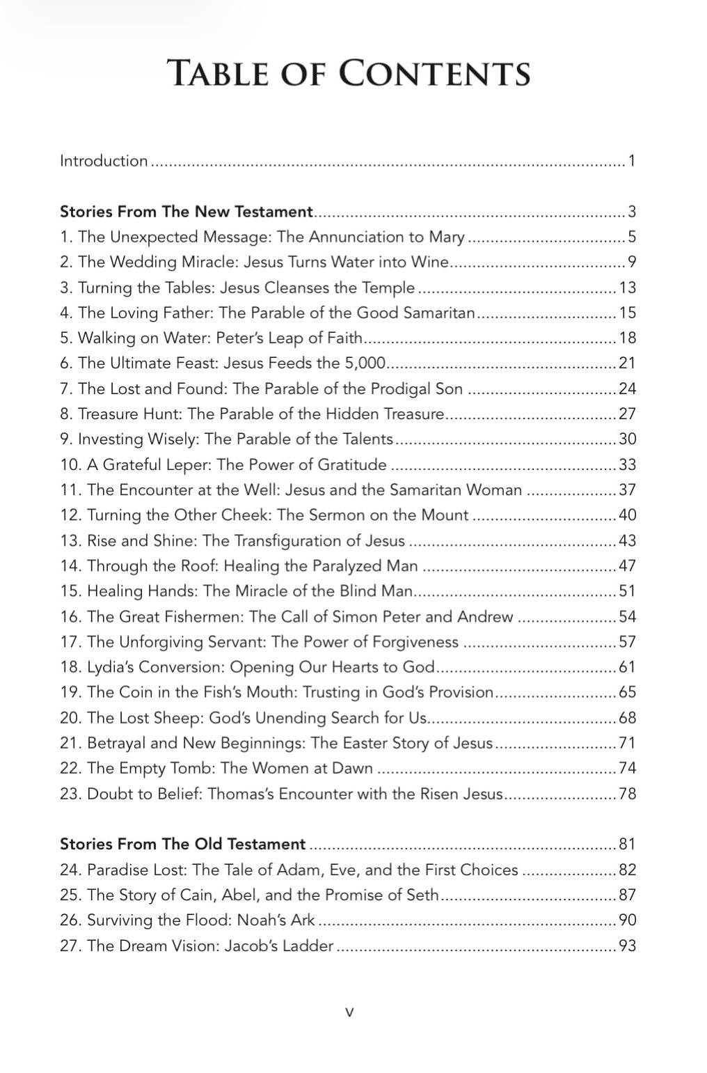 Table of contents for a book or document with chapter titles and page numbers.