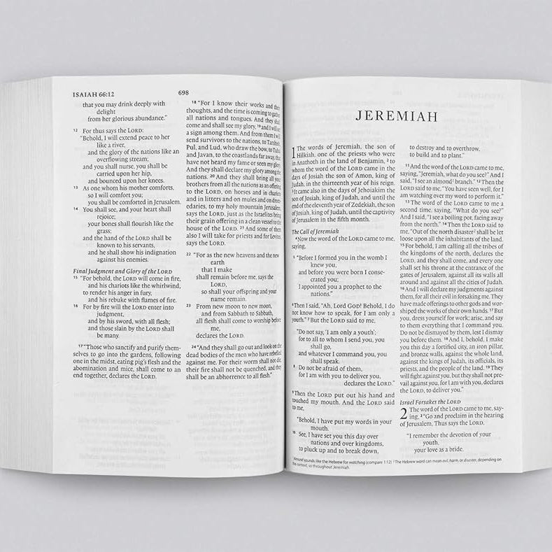 Open book showing pages from the Bible with text on a white background