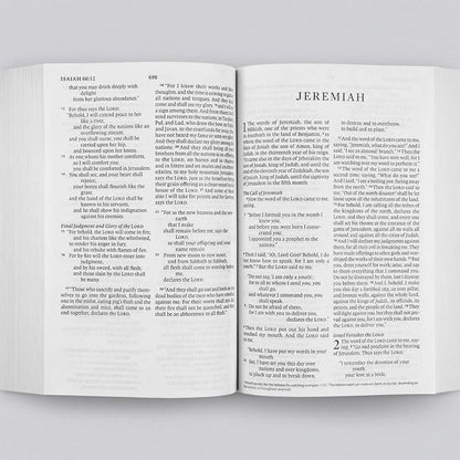 Open book showing pages from the Bible with text on a white background