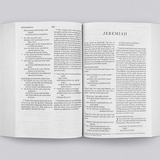 Open book showing pages from the Bible with text on a white background