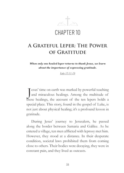 Book page with text about a grateful leper and the power of gratitude, chapter 10.