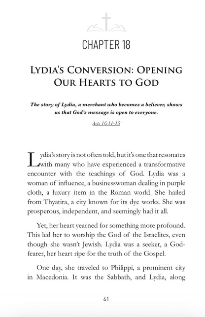 Book page with text about Lydia's conversion and opening hearts to God, featuring a cross icon.