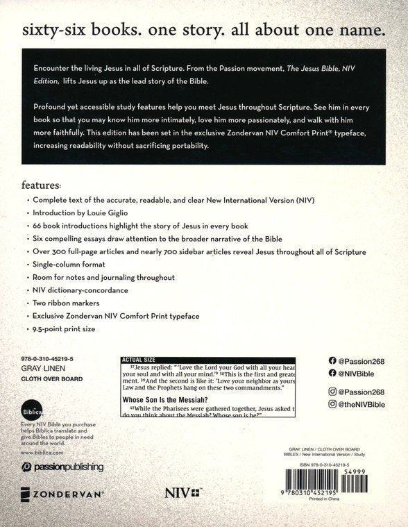 The Jesus Bible, NIV Edition, Cloth Over Board, Gray Linen, Comfort Print - Hardcover