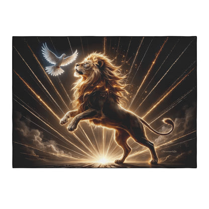 Lion of Judah and the Holy Spirit Area Rug with Golden Rays -Black Binding 84"x60"
