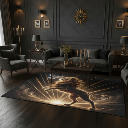Lion of Judah and the Holy Spirit Area Rug with Golden Rays -Black Binding 84"x60"