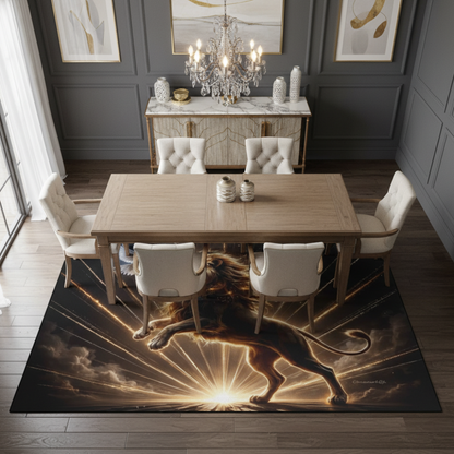 Lion of Judah and the Holy Spirit Area Rug with Golden Rays -Black Binding 84"x60"