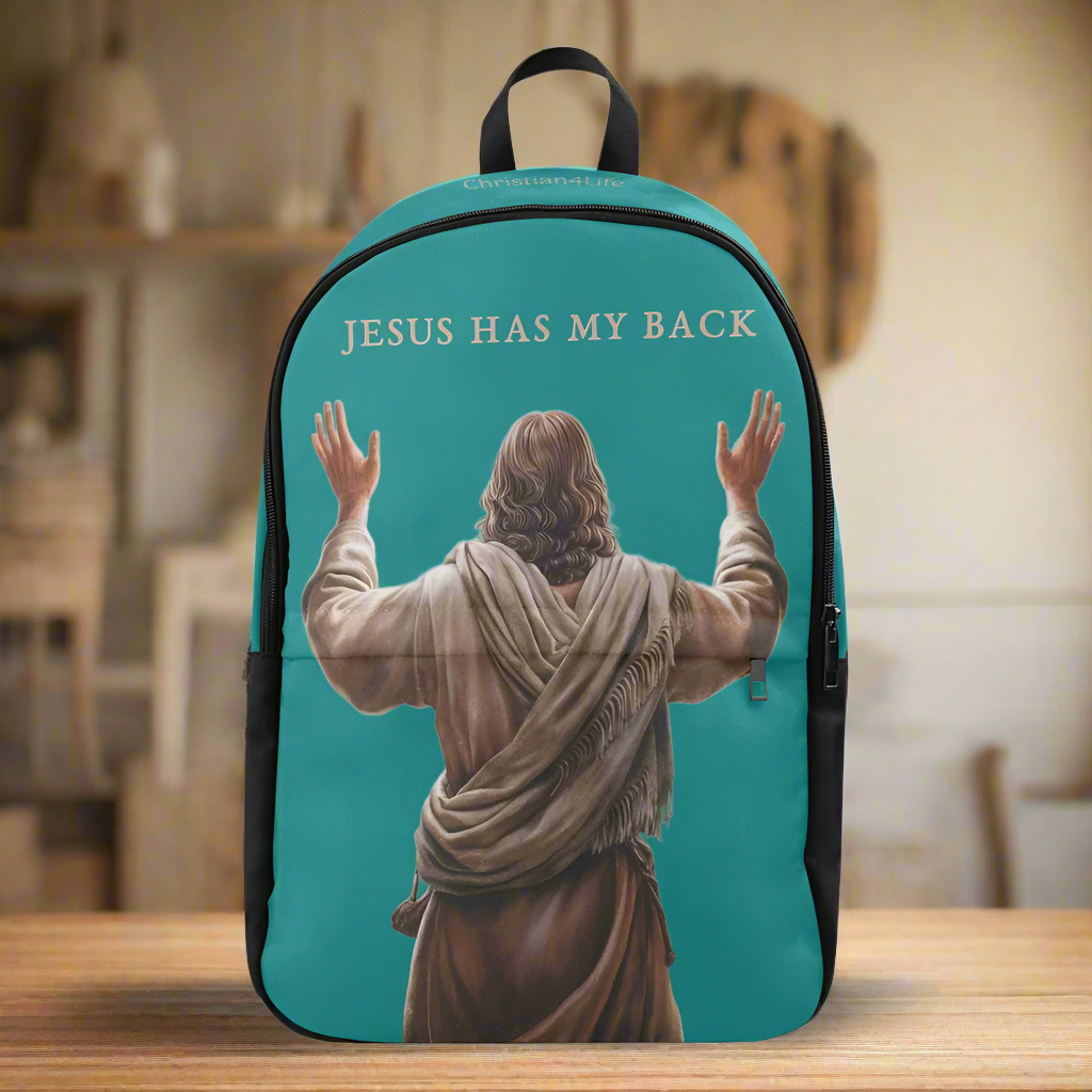"Jesus Has My Back" Christian Backpack-Black Side Accent (Choose Green or Blue shades)