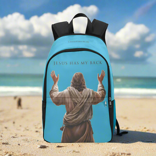 "Jesus Has My Back" Christian Backpack-Black Side Accent (Choose Green or Blue shades)