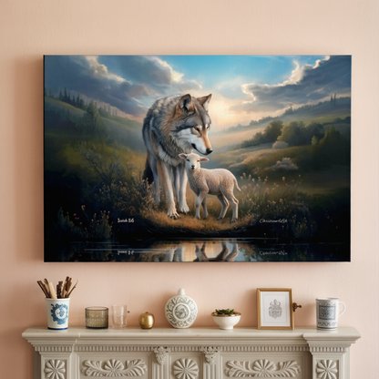 Wolf and Lamb Reflection, Christian Wall Art, Gallery Wrapped Canvas, Isaiah 11:6