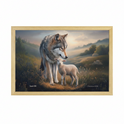 Framed - Wolf and Lamb Christian Canvas, Wooden Frame