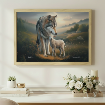 Framed - Wolf and Lamb Christian Canvas, Wooden Frame