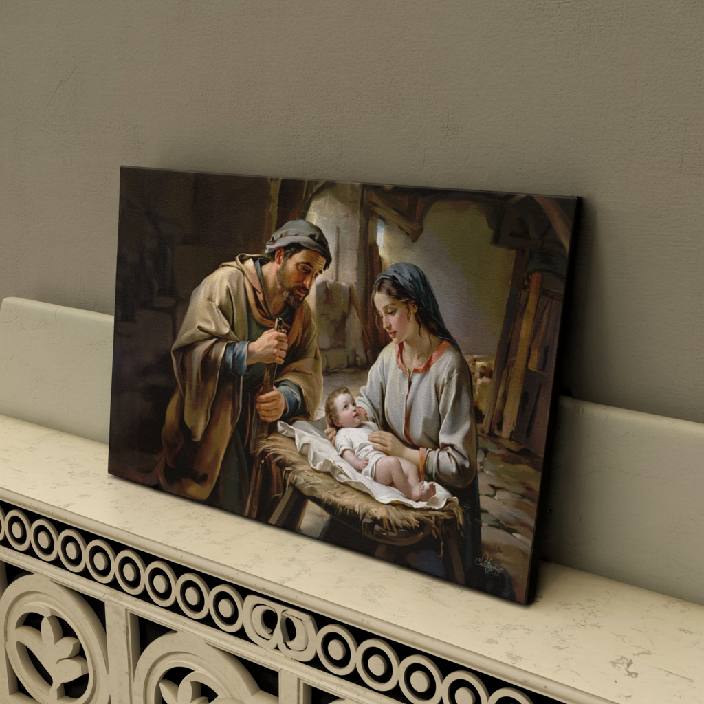 Painting of a religious scene with baby Jesus, Joseph and Mary  on a decorative shelf.