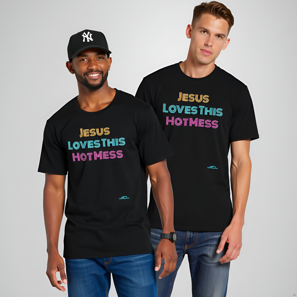 Two men wearing black t-shirts with colorful text on a gray background