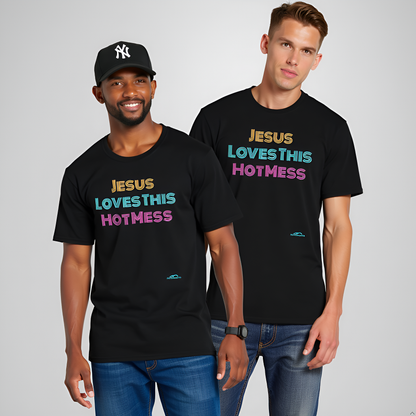 Two men wearing black t-shirts with colorful text on a gray background