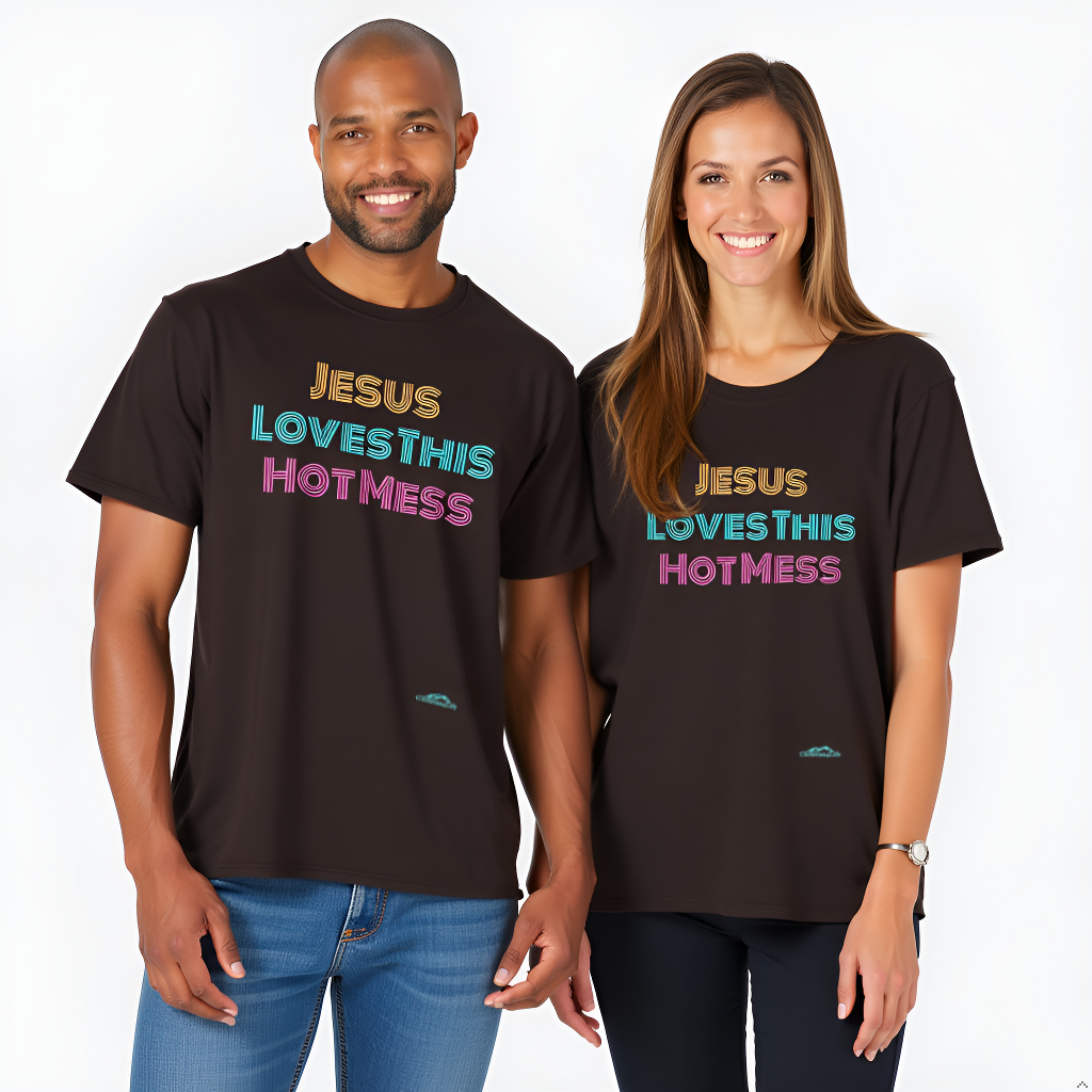 Two people wearing dark brown t-shirts with colorful text on a white background
