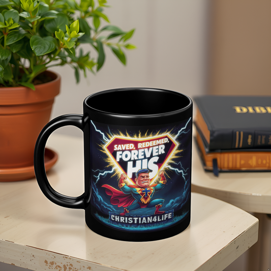 Christian 11oz Black Mug - Superhero "Saved, Forgiven, Forever His", Christian Mug for Men