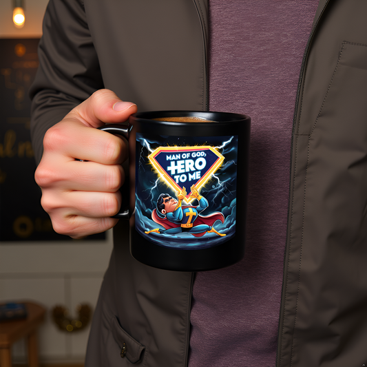 Christian4Life Superhero 11oz Black Mug - "Man of God, Hero to Me" Christian Mug