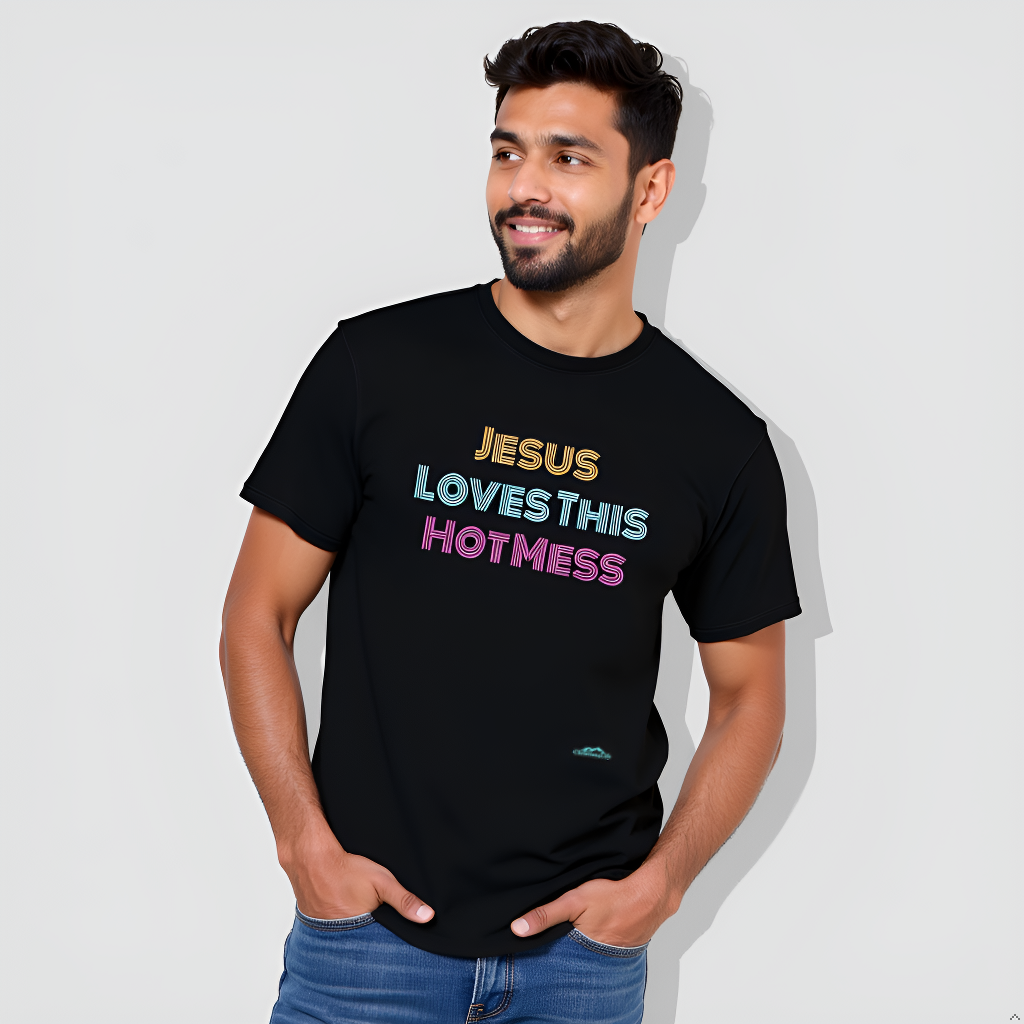 Man wearing a black t-shirt with colorful text on a plain background