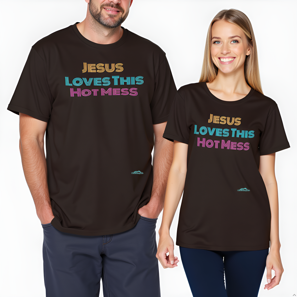 Two people wearing black t-shirts with colorful text on a white background