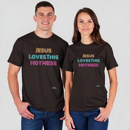 Two people wearing brown t-shirts with colorful text on a plain background