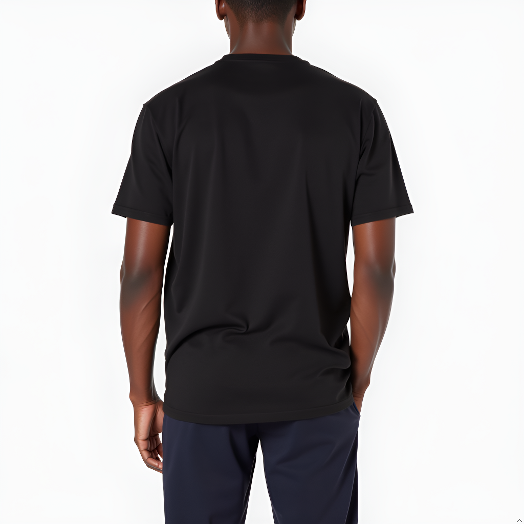 Person wearing a black t-shirt on a white background