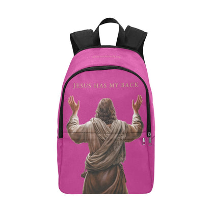 Pink backpack with a graphic of Jesus and 'Jesus Has My Back' text on a white background